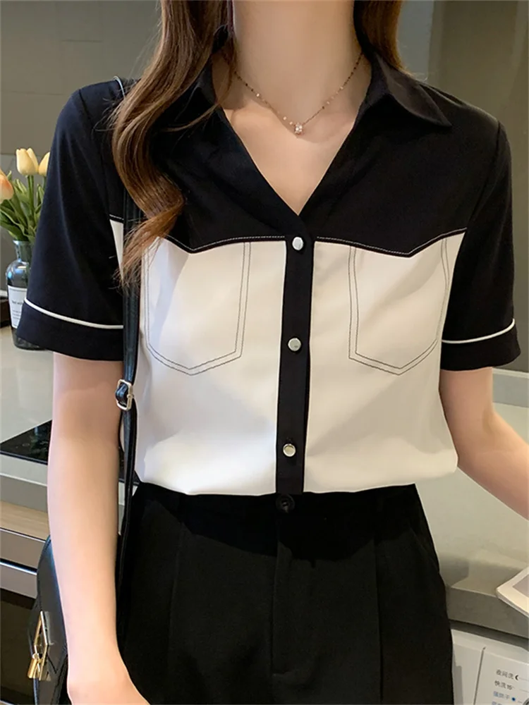 #3335 Black And White Chiffon Shirts Women V-neck Single Breasted Chiffon Shirts Female Short Sleeve Elegant Office Shirts Slim