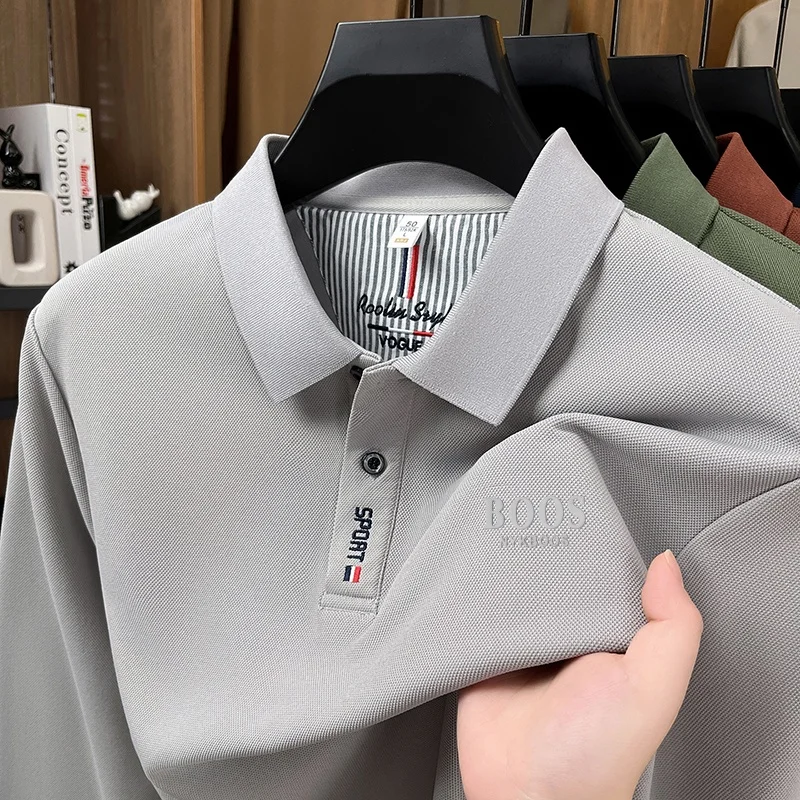 Herren Frühling Herbst Neue Mode Revers-Print Polo-Shirt Original Einfarbiges Langarm-T-Shirt Täglicher Komfort Büro Herrenbekleidung – Detail 2