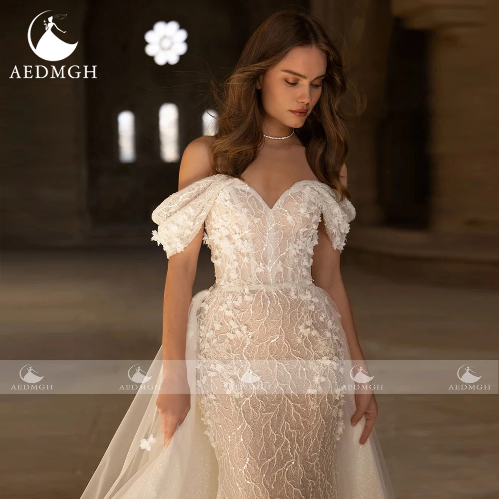 Aedmgh-Sereia elegante vestidos de casamento, fora do ombro, laço, trem destacável, querida, 2022