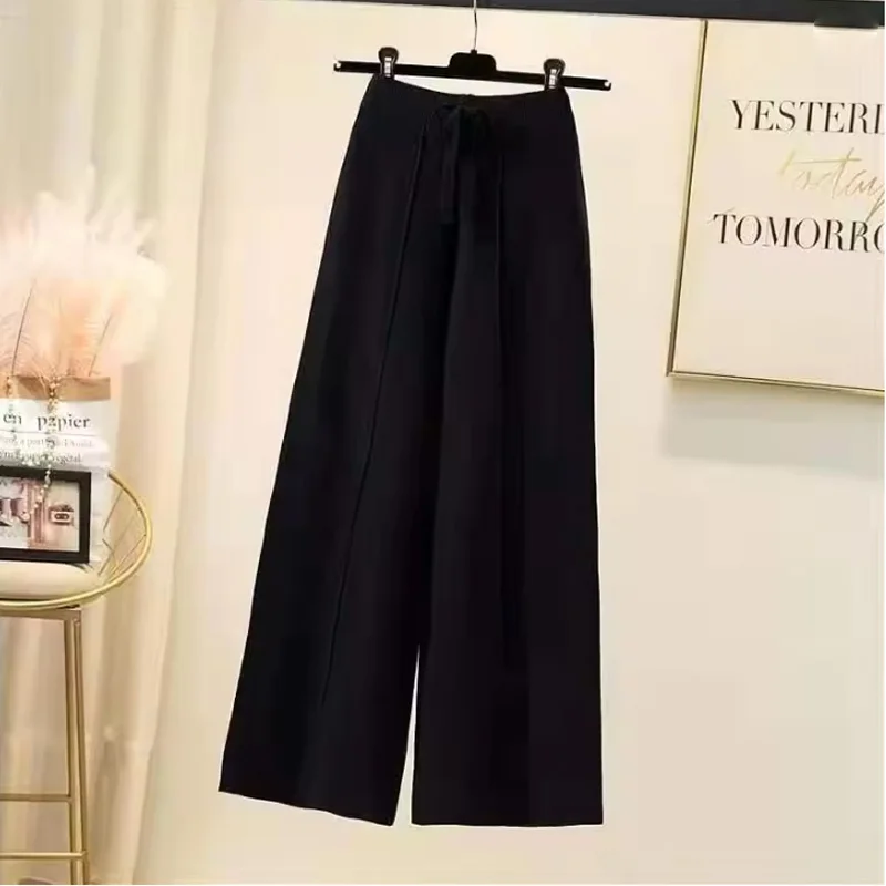 Soft Knitted Pants Women Spring Autumn High Waist Elastic Drape Drawstring Loose Casual Mopping Pants Straight Wide Leg Pant 3XL