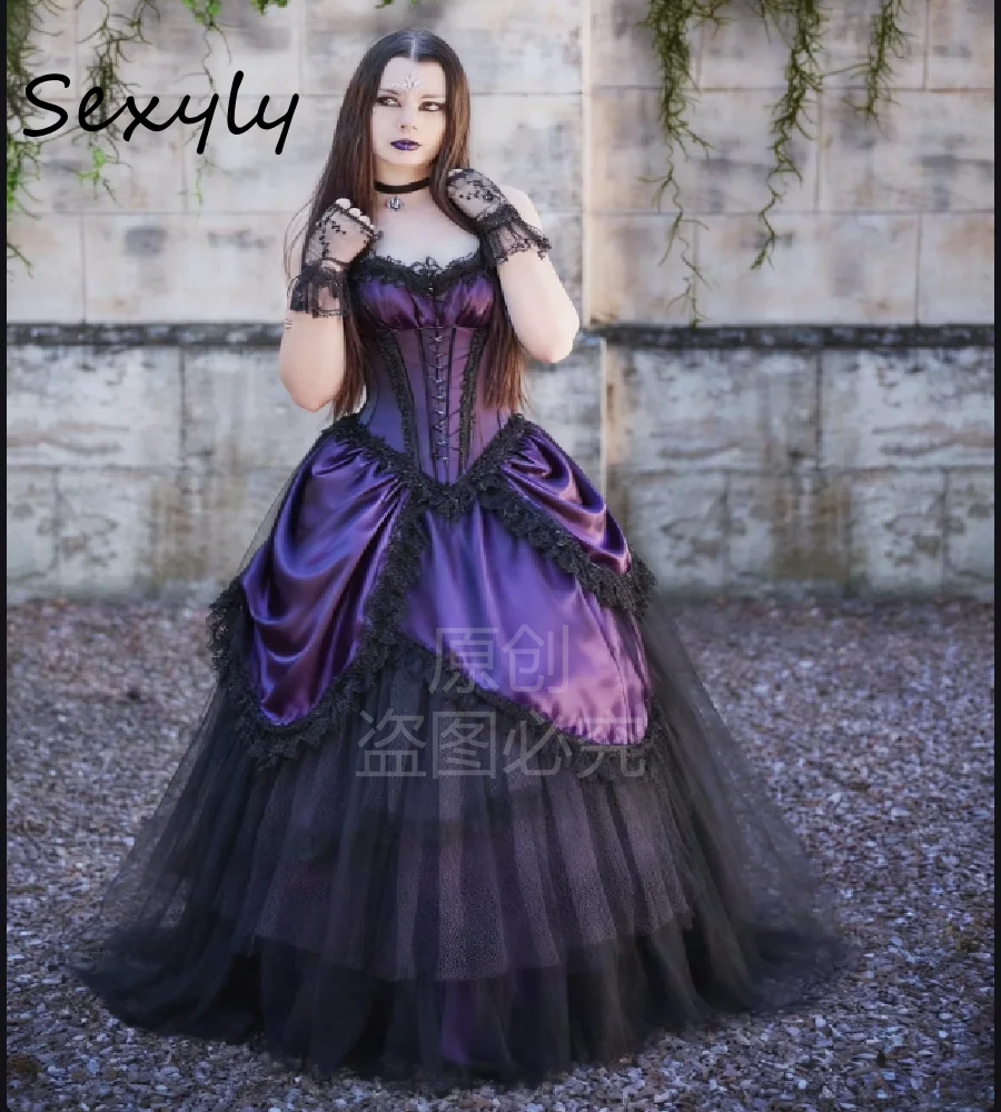 Vampire Steampunk Dark Purple Wedding Dress 1950s Lace Retro Medieval Bridal Dress 2026 Celtic Gypsy Garden Country Witchy Gown