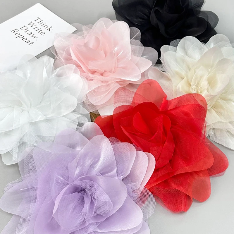 

French Pleated Mesh Large Flower Applique with Pin 3D Floral Corsage DIY Sewing Clothing Accessories Dress Decor Flower Patch