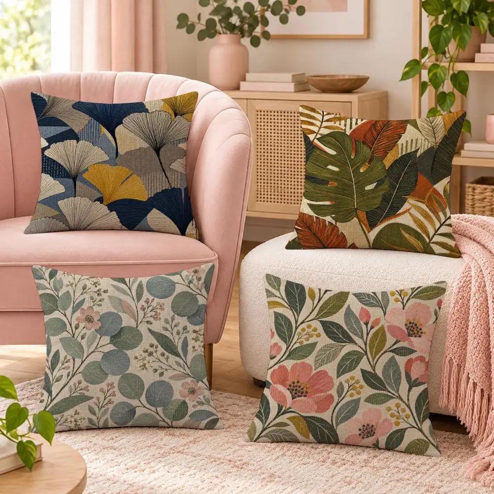 Stitch Textured Boho Botanical Leaf Cushion Cover Pillow Case Organic Short Plush Cushion Covers Washable Wrinkle-Resistant
