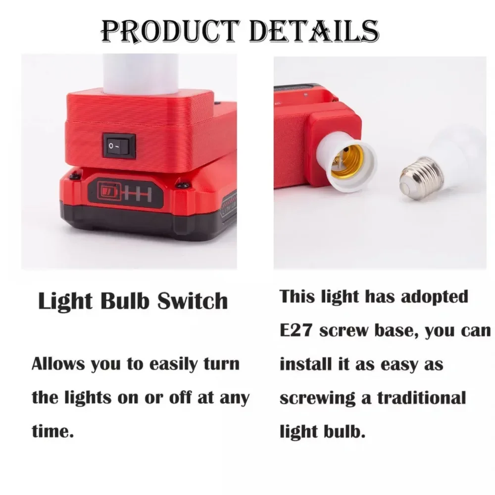 Draagbare werklamp voor Craftsman V20 20V Max Li-ion batterij E27 basisadapter Slijtage 5W kogellamp voor noodverlichting (geen batterij)