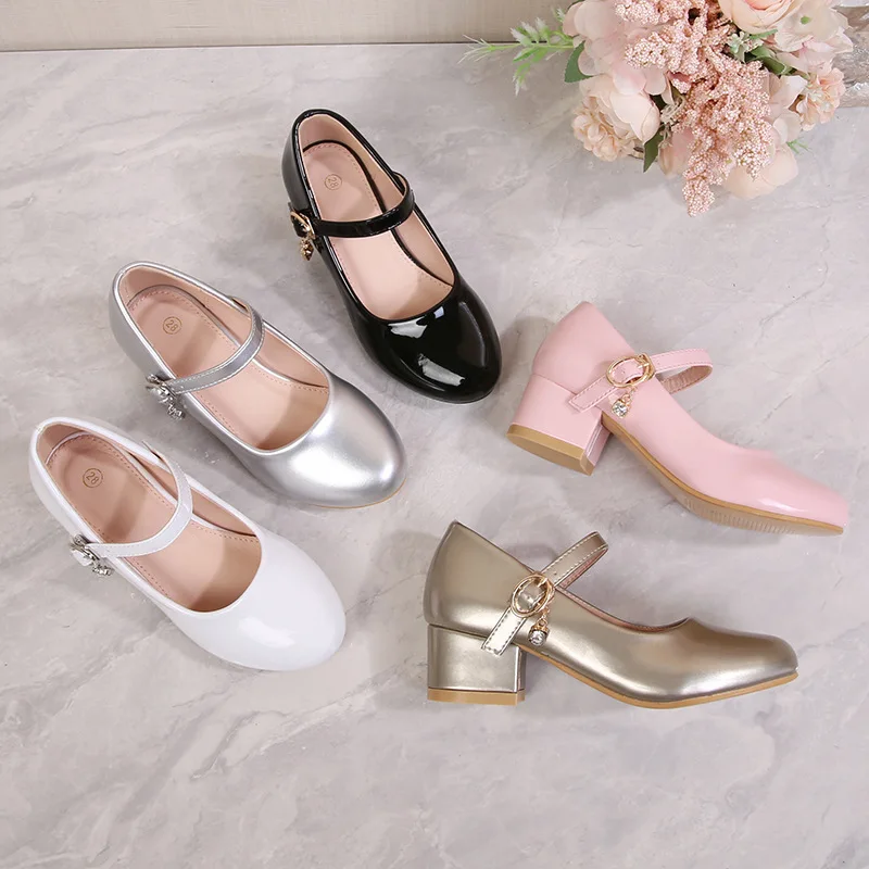 Girls Gold Block Heel Sandals 2026 Clear Rhinestone Princess Heels Youth Party Dress Pumps For Prom Graduation Wedding