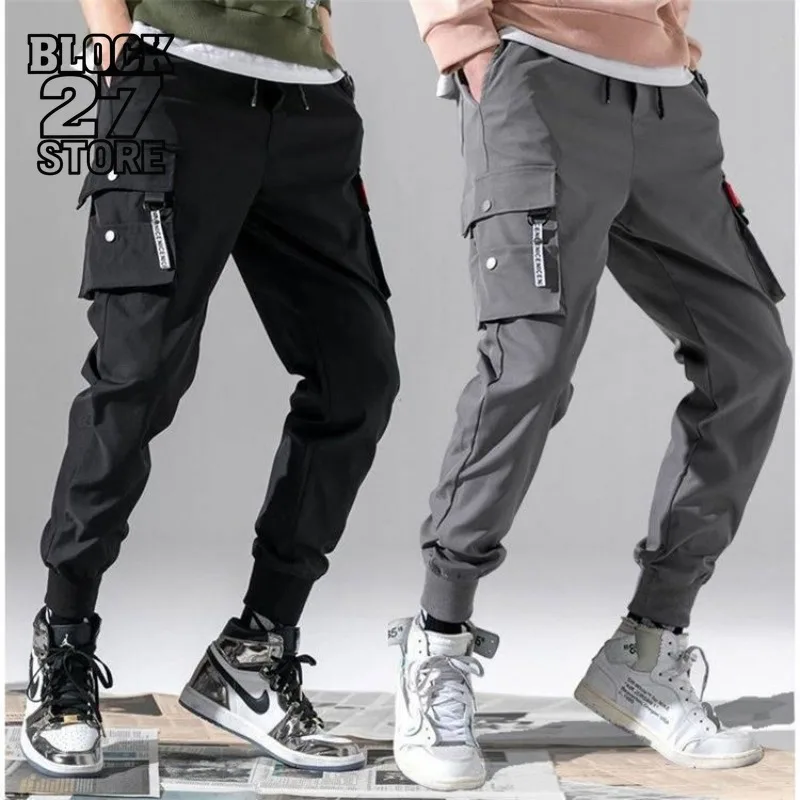 

Брюки-карго Harajuku с несколькими карманами, мужские осенне-зимние уличные брюки, свободные брюки для бега, корейские модные повседневные брюки с девятью точками
