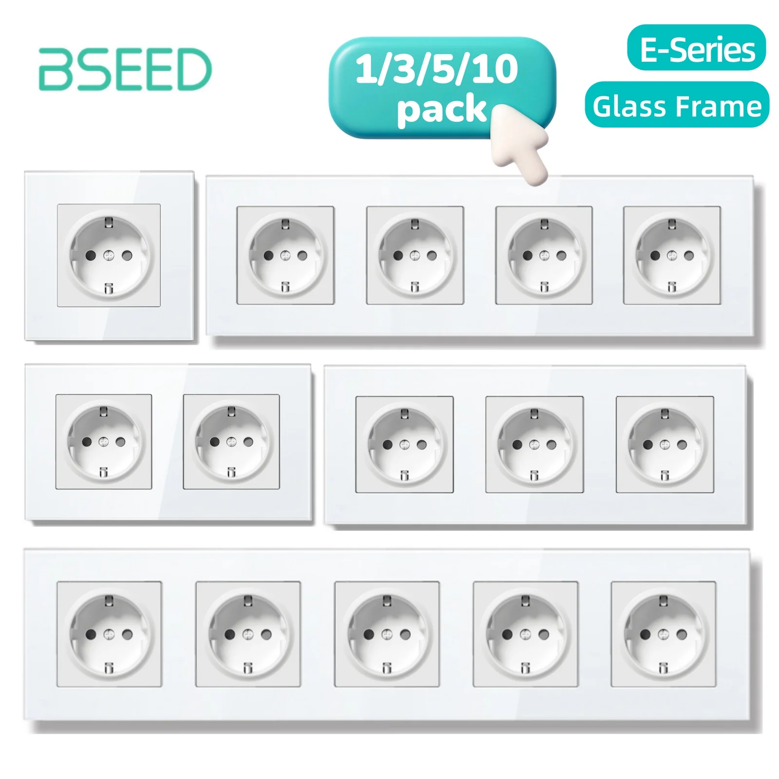 BSEED 16A EU Socket E Series 86mm Double Power Outlets Triple Electric Sockets Crystal Glass Wall Socket White 1/3/5/10 Pack