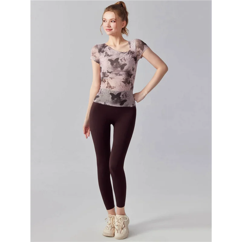 

NEW-Women's Asymmetrical Neck Floral Print Mesh Shirts Ruched Short Sleeve Fitted Blouses
