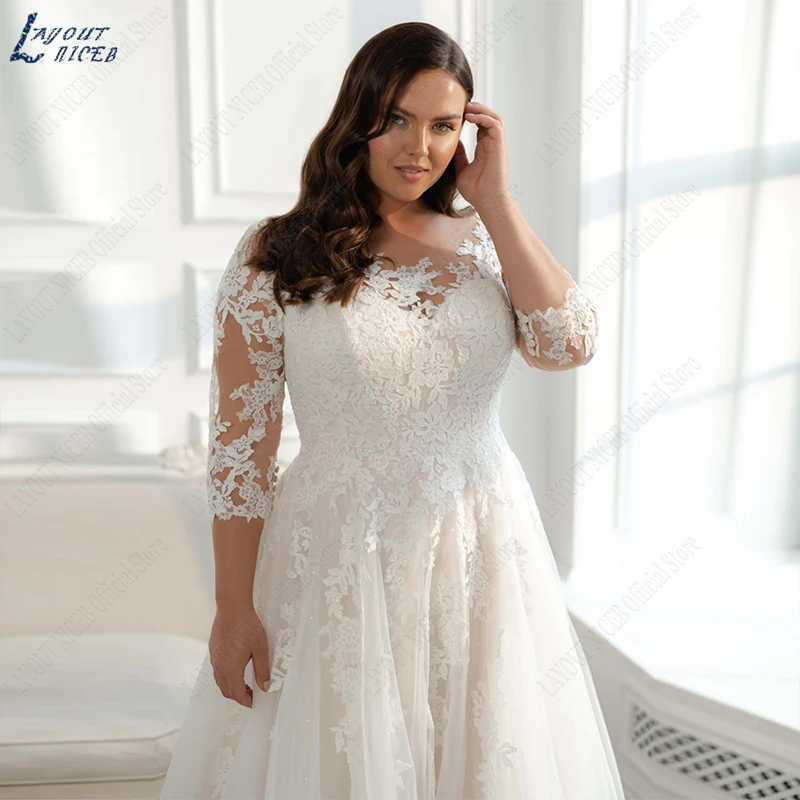 LAYOUT NICEB Eleagnt Wedding Dress Plus Size 3/4 Sleeves Glitter Tulle Lace Applique Vestido De Noiva Bride Women Modest New