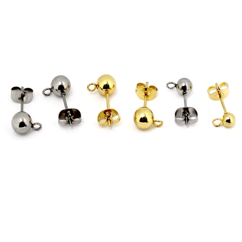 20Pcs/Lot Stainless Steel Gold Color 3 4 5 6mm Ball Stud Earrings with Loop DIY Earrings Accessories Jewelry Making Findings