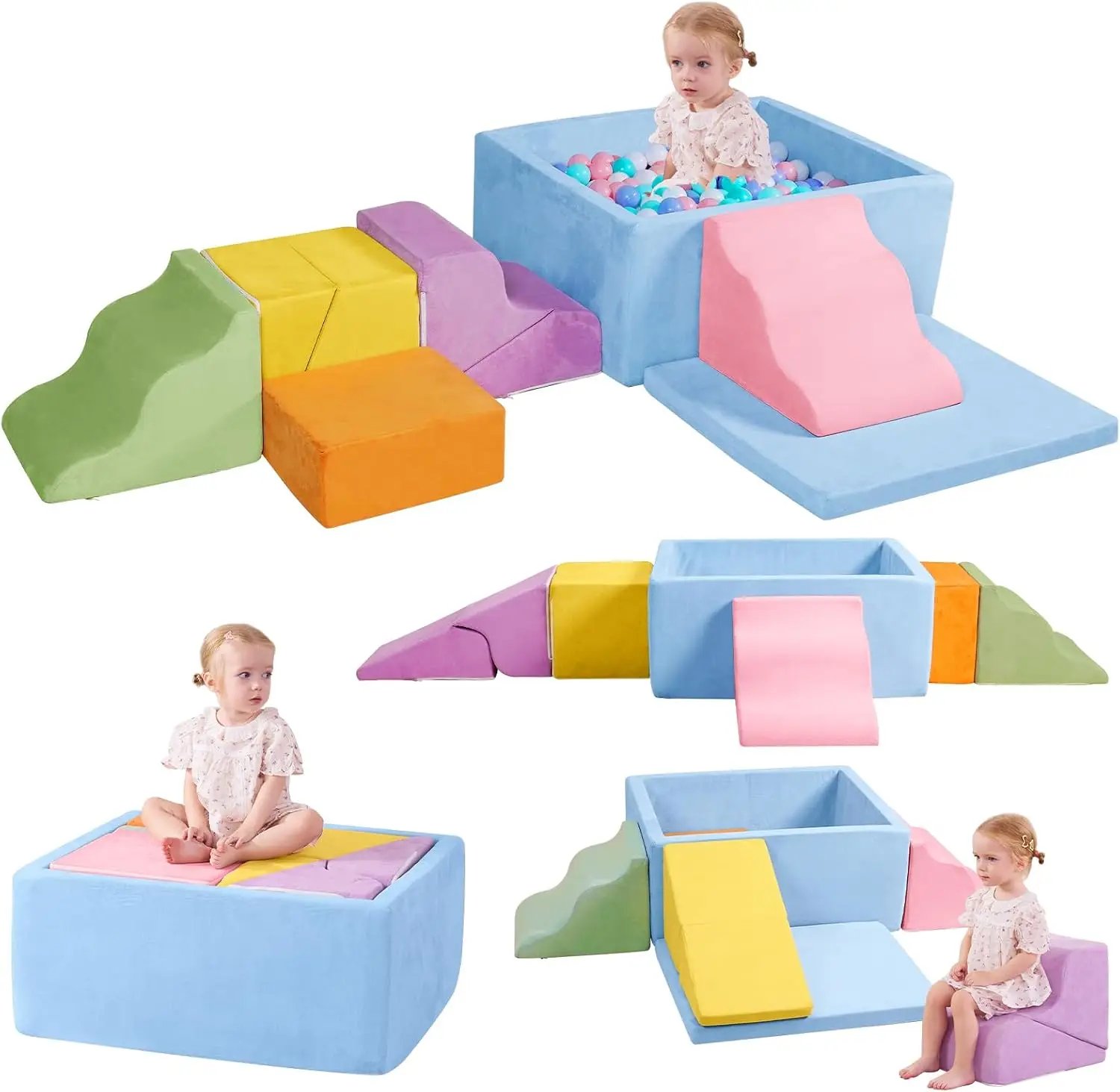 7-Piece Foam Climbing Blocks for Toddlers with Square Ball Pit,Macaron