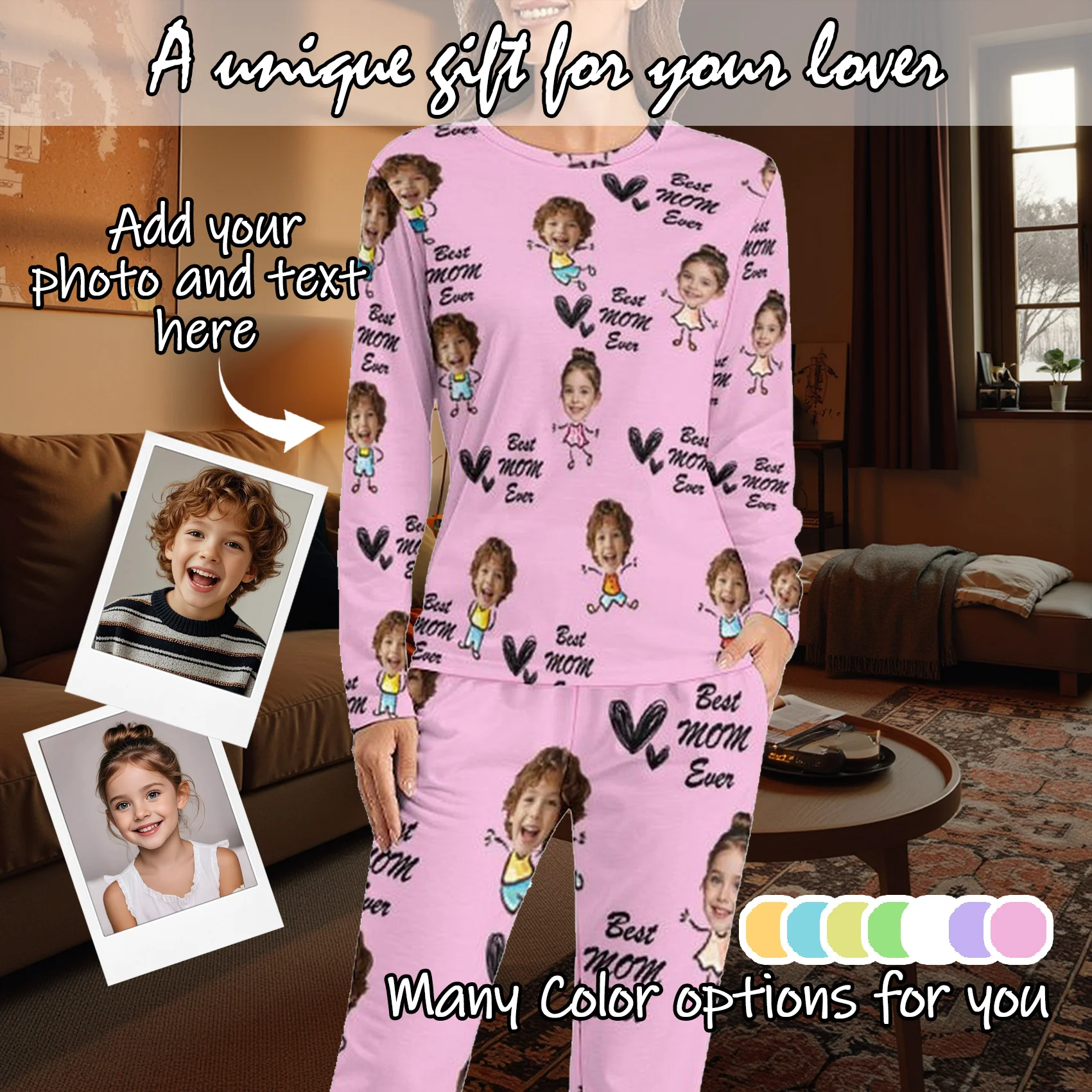 

Custom Women Pajamas with Face homewear Custom Women long Sleeve Pajama Set Personalized gift family couple pet