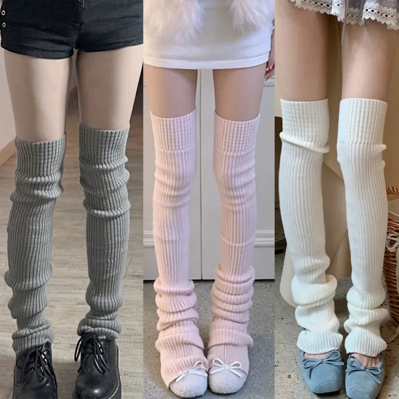 2026 Winter Knee High Thigh Socks Japanese Lolita JK Knitted Cotton Leg Warmer Women High Elastic Pink Lazy Style Pile Socks