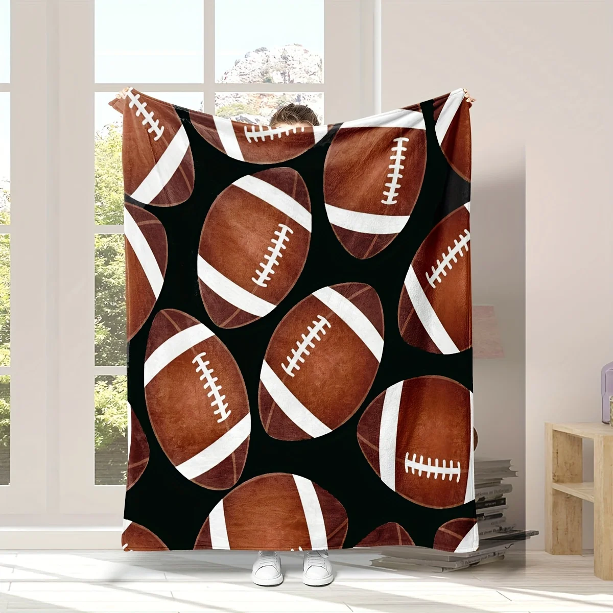 

[Ruggy-Themed Flannel Blanket] 1pc Soft All-Season Rugby-Themed Flannel Blanket | American Football Pattern, Machine Washable