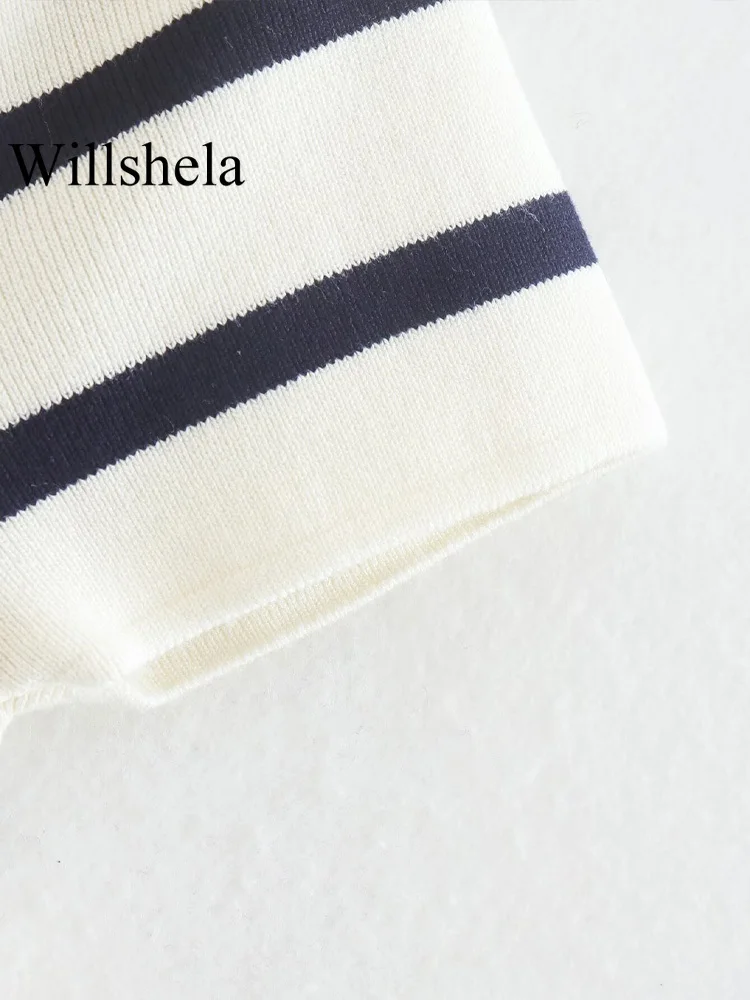 Willshela Women Fashion Striped Knitted Cropped T-Shirt Vintage O-Neck Short Sleeves Female Chic Lady Sweater Shirts