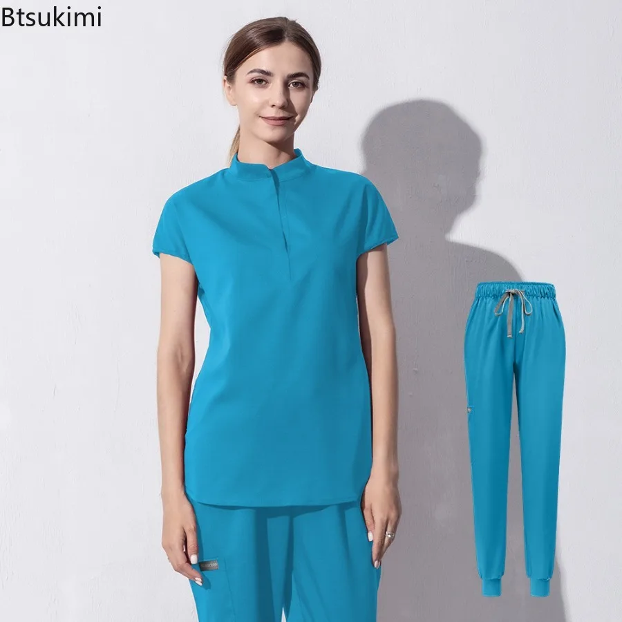 High Quality Denim Gray Scrubs Suits Tooth Check Workwear Spa Uniforms Beautician Scrub Work Suit Wholesale Scrubs Women Uniform view 2