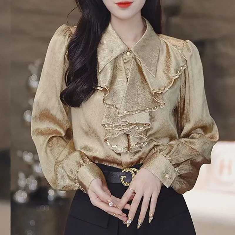 Office Lady Elegant Ruffles Patchwork Shirt Spring Autumn Fashion Sequined Female Clothing Lapel Commute Single-breasted Blouse