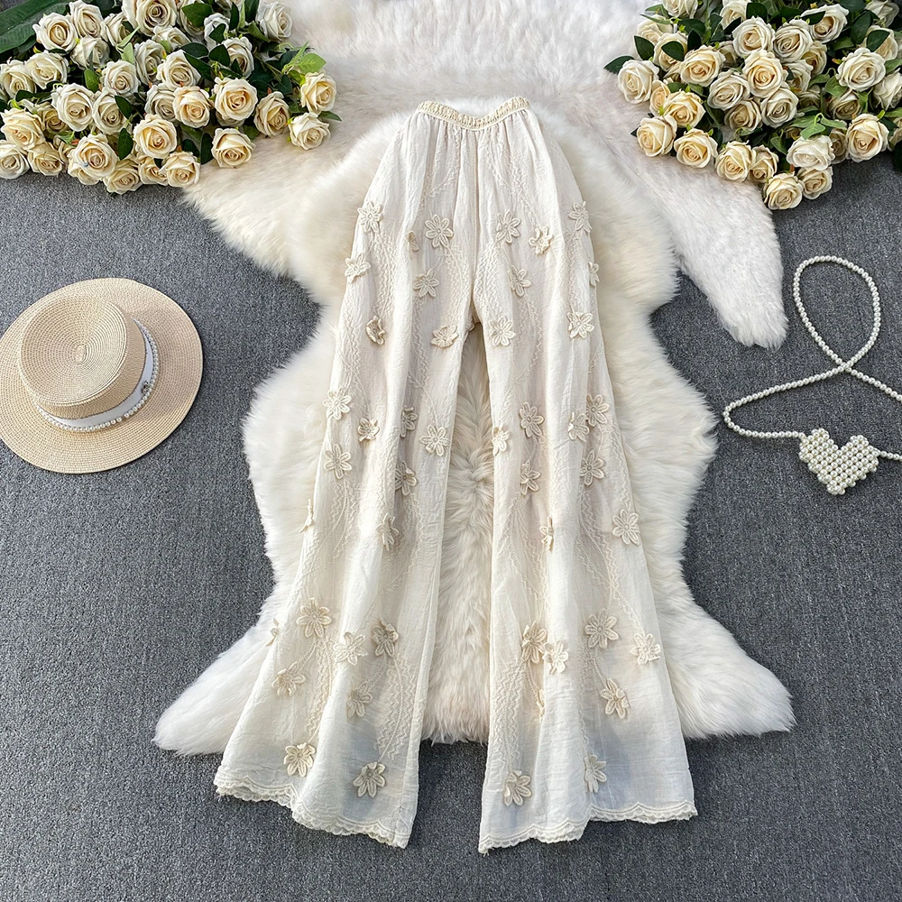 Embroidered Flower Solid Color Beach Shorts Women's 2026 New High Waist Hollowed Out Chic Casual Straight Leg Wide Leg Pants