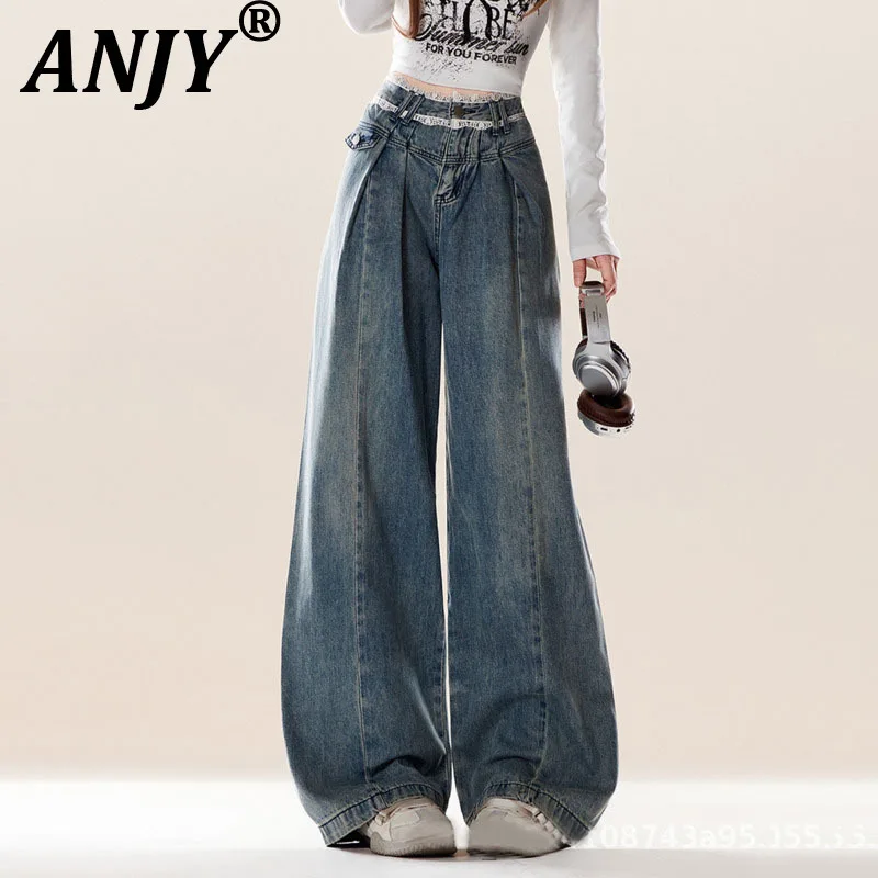 

ANJY Spring Autumn New Women American Style Vintage Lace Patchwork Design Jeans Trendy Pleated Loose Wide Leg Denim Pants A20669