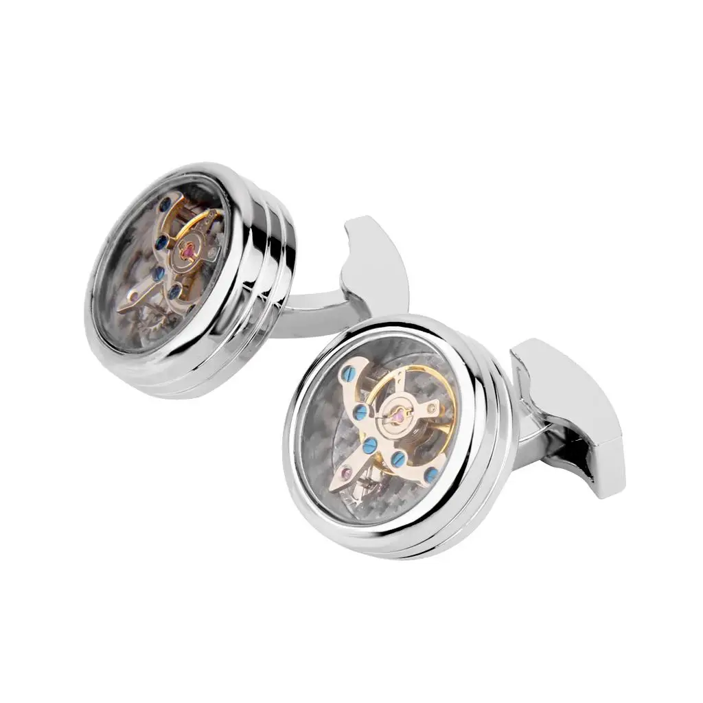 Silver Round Watch Movement Cufflinks Mens Copper Fashion Cuff Links Wedding Accessories for Tuxedo and Banquet
