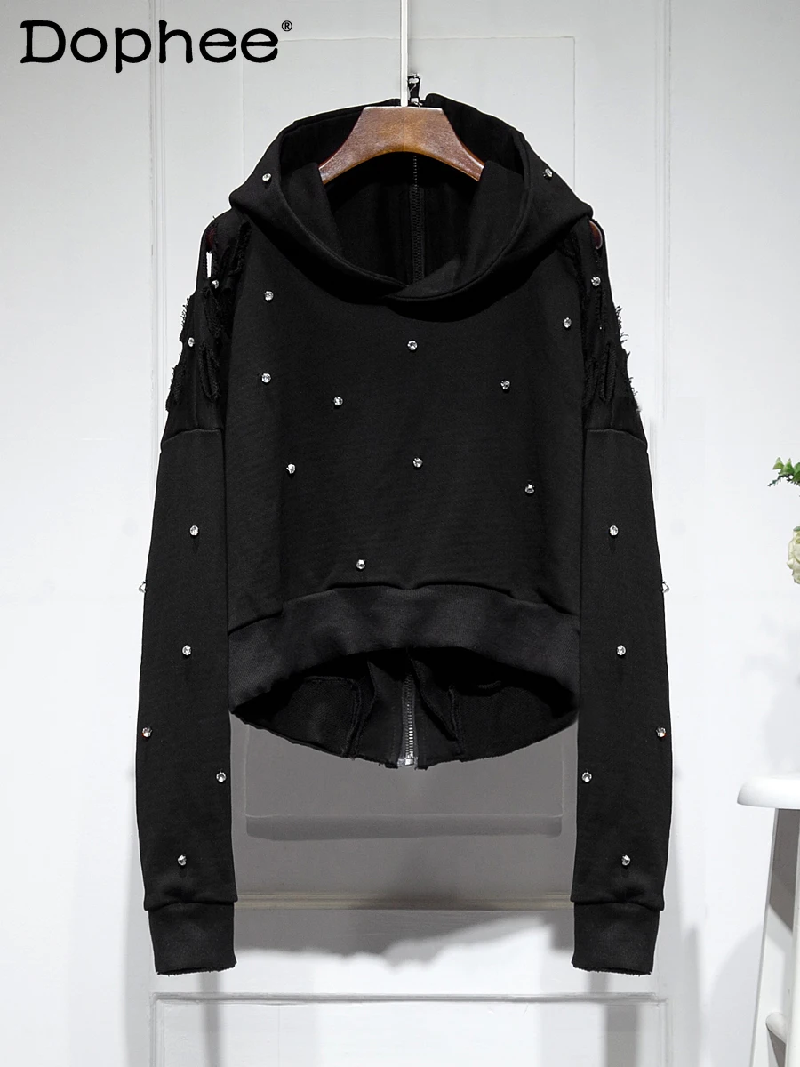 Fashion Trend American High Street Heavy Rhinestone Hooded Jacket Autumn New Zipper Loose Casual Top for Women