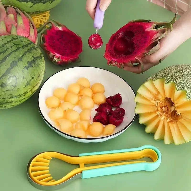 3 in 1 Melon Baller Scoop Double Head Fruit Carving Tool Watermelon Cutter Fruit Salad Making Gadget