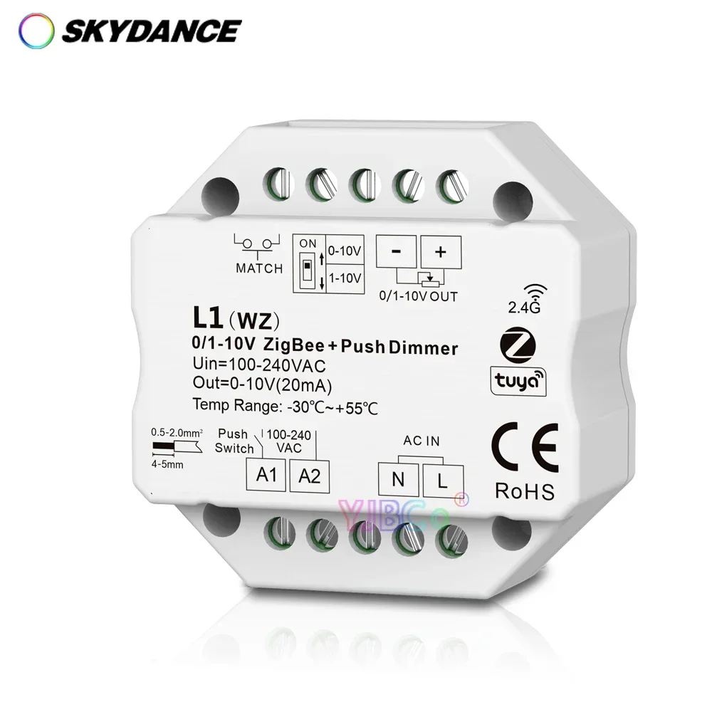 

Skydance AC100-240V Output 0/1-10V (20mA) ZigBee + RF + Push Dimmer 256 levels 1CH Tuya APP Cloud on/off Controller DIP Switch