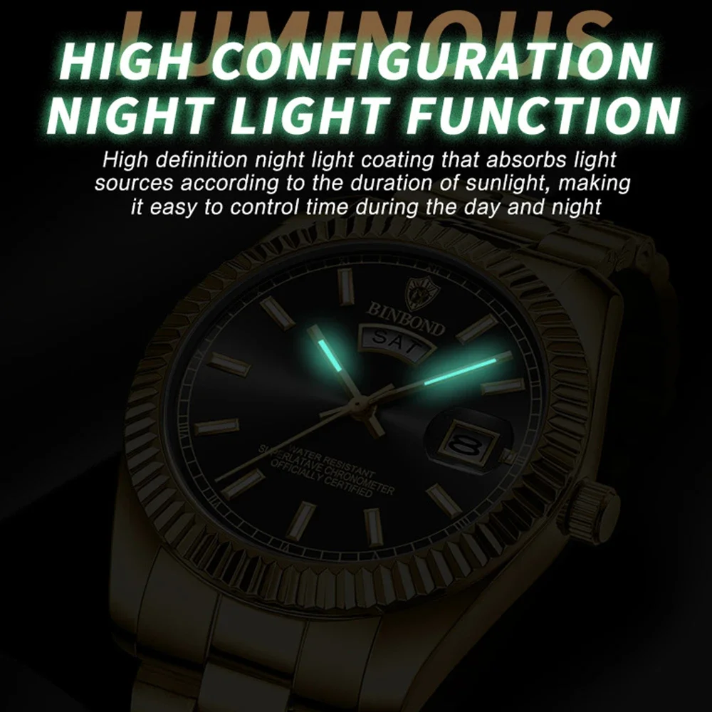 BINBOIND Orologio da polso casual alla moda per uomo Settimana Data Orologio da uomo in acciaio inossidabile Orologio da uomo al quarzo di lusso impermeabile luminoso + scatola