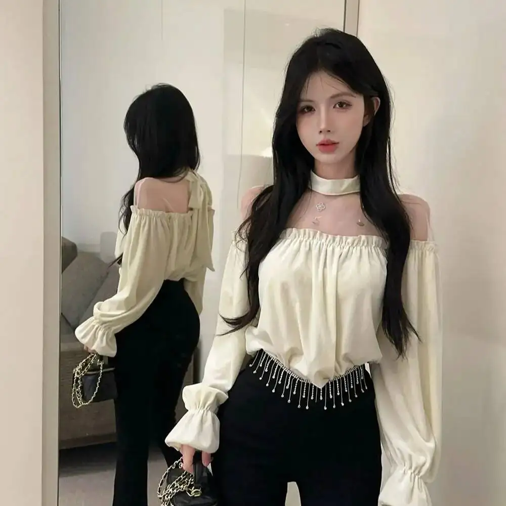 

Воротник-стойка, сетчатая блестка, золотая вуаль, свободный топ, футболка, женская S, новая рубашка во французском стиле