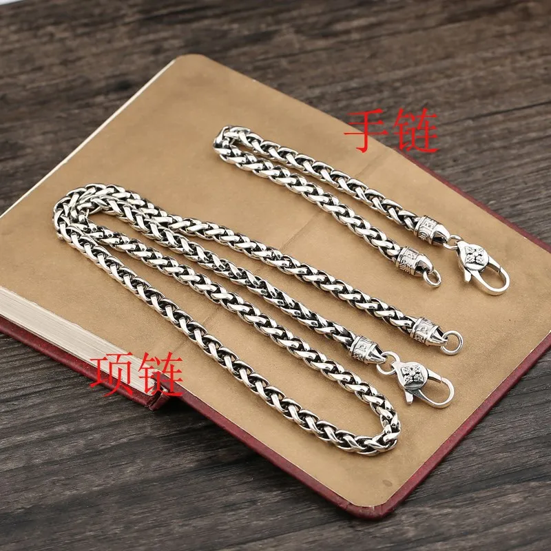 Sterling silver S925 necklace Thai silver retro exaggerated domineering Fried Dough Twists fashion personality men's twine woven