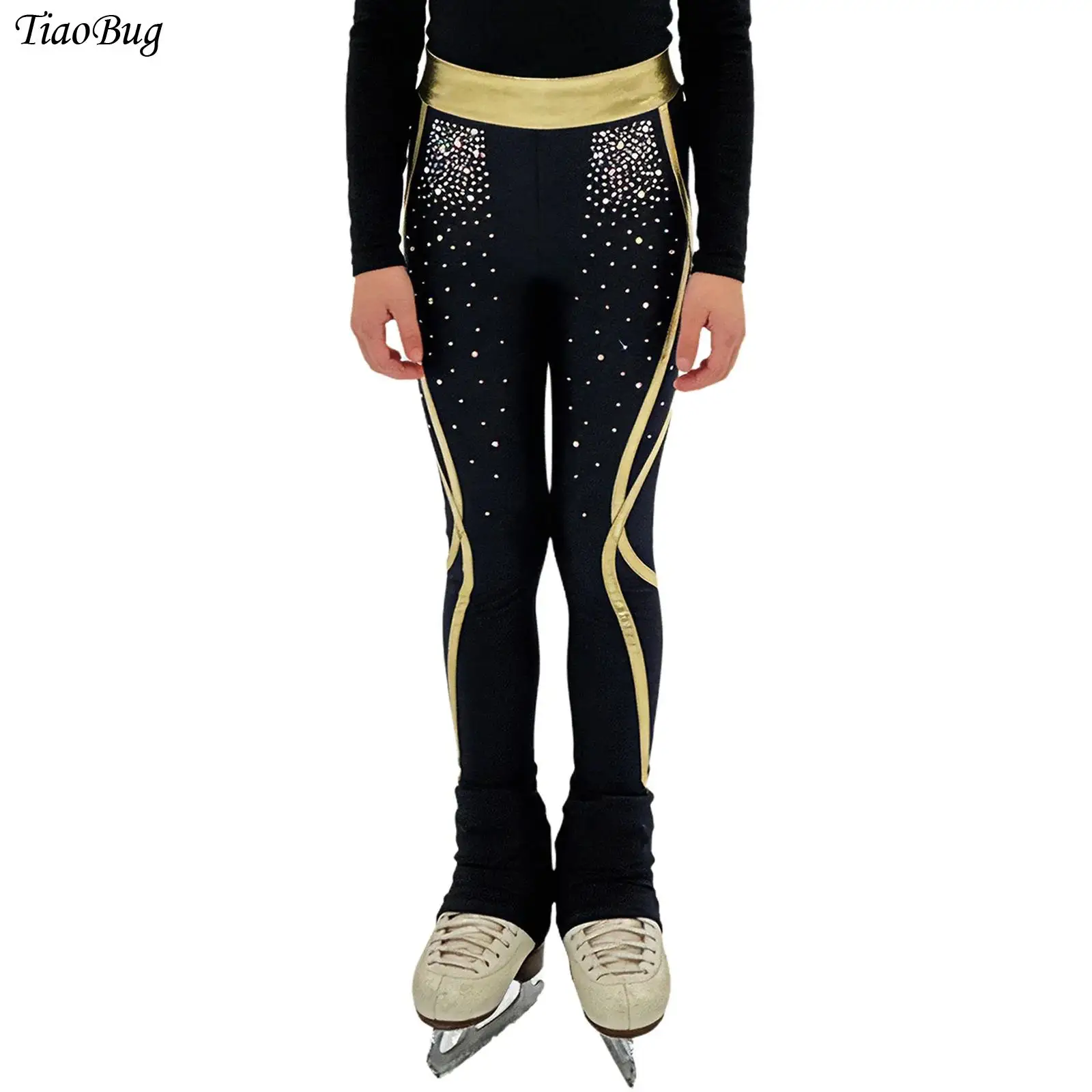 

Kids Girls Figure Skating Pants Elastic Waistband Rhinestones Metallic Gymnastics Practice Leggings Tights Trousers Ballet dance