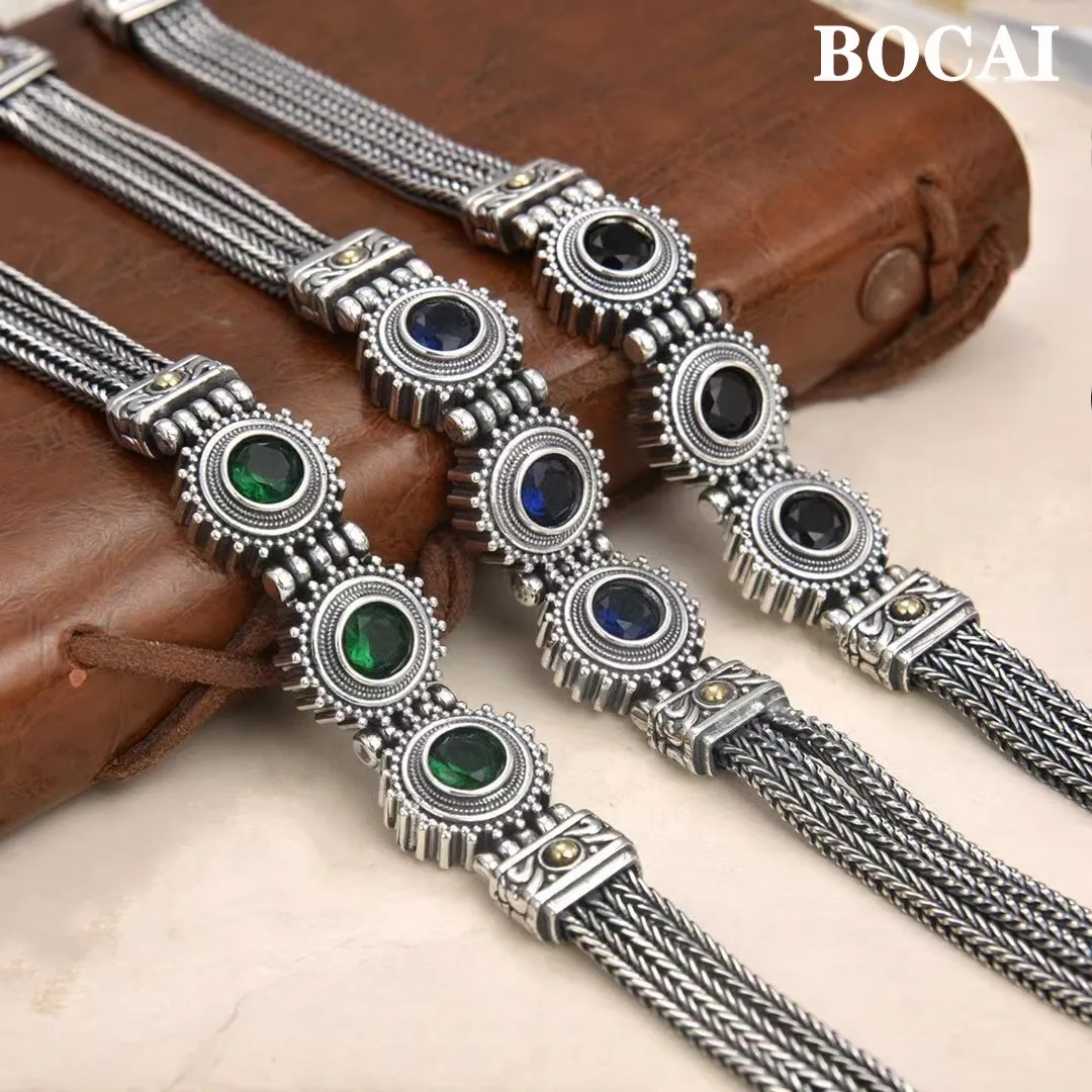 

BOCAI New S925 Silver Jewelry Retro Personality Fashionable Circular Colored Zircon Fox Tail Bracelet for Men Free Shipping