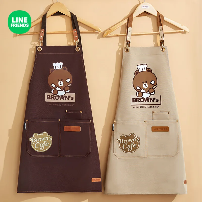 

LINE FRIENDS Brown Dark Coffee Apron Kitchen Household Waterproof Oil Proof Hand Wipeable Anime Kawaii Baking Work Clothes Apron