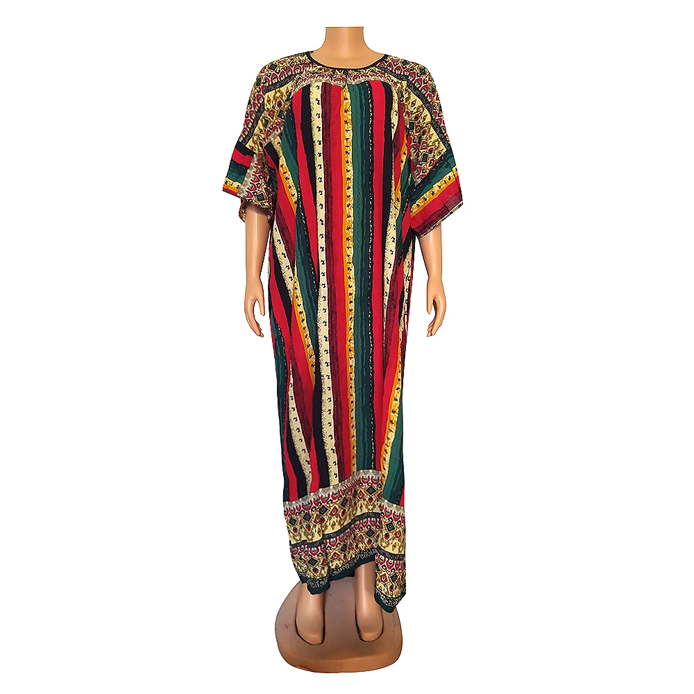 

Stripe Fashion African Dresses Women Abayas Dubai O-neck Short Bat Sleeve Robe Cotton Loose Maxi Dress With Big Scarf Holiday