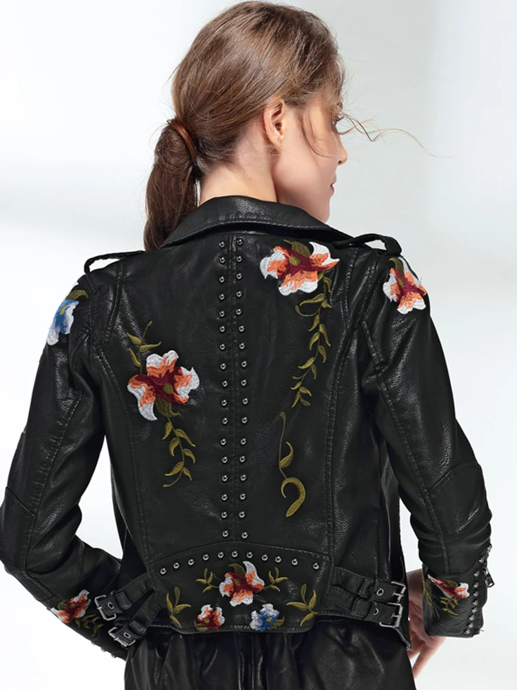 Ftlzz-Veste en Faux Cuir Souple pour Femme, Manteau Brodé à Imprimé Floral, Col Rabattu, Décontracté, Pu, Moto, Noir, Punk, Oupillz