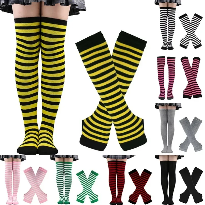 Kaos Kaki Panjang Wanita Bergaris Set Stoking Setinggi Paha Sarung Tangan Lengan Set Wanita Gadis Pink Hitam Putih Di Atas Lutut Lolita