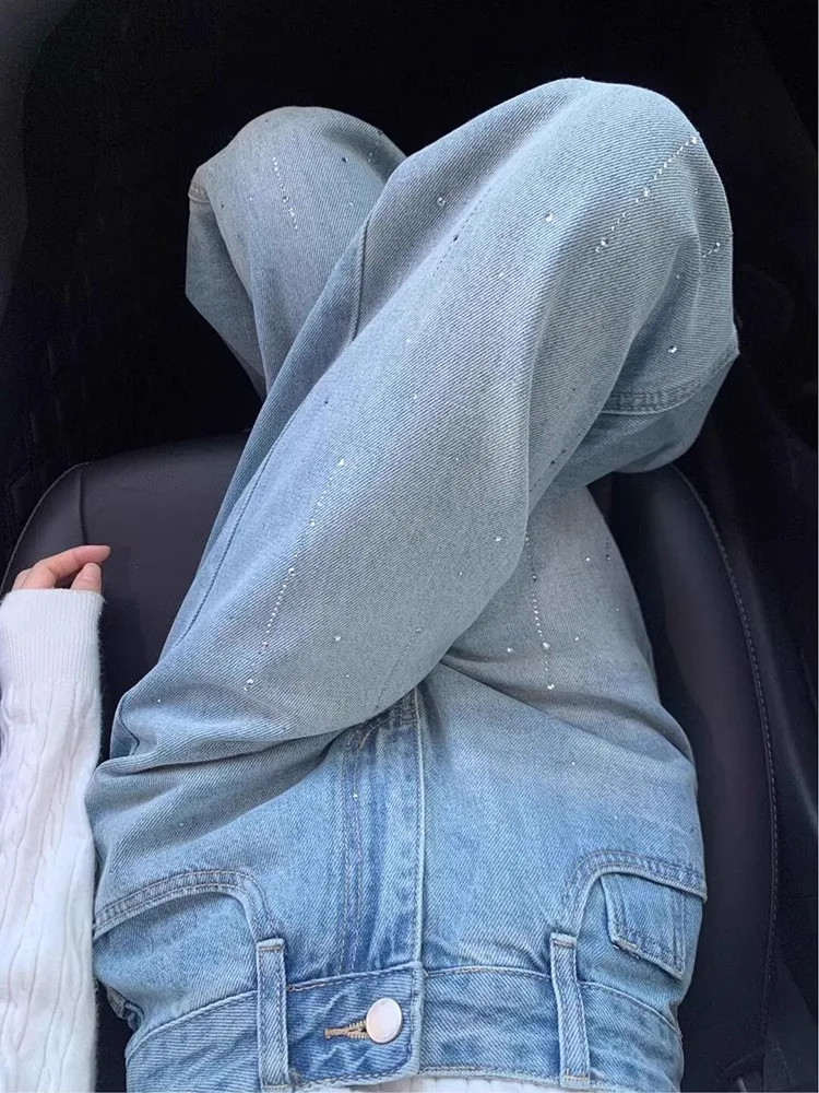 

Shallow Blue Sequin Heavy Duty Denim Pants Women's High Waist Slimming Treetree Wide Leg Jeans Spring Autumn New Style