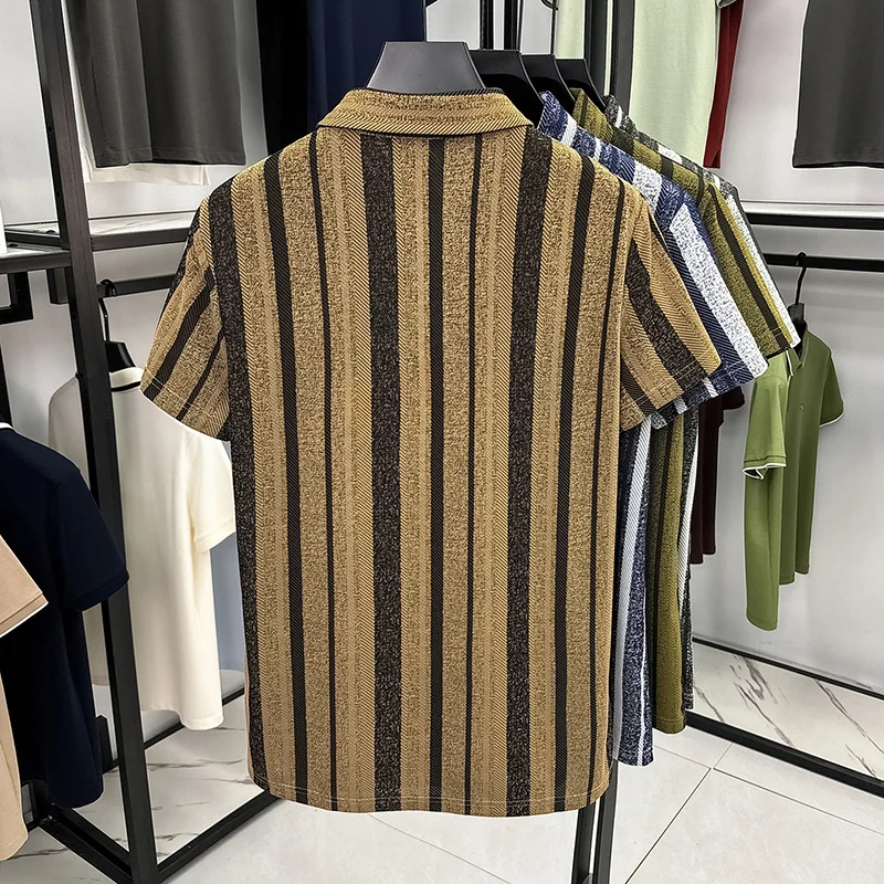 Herren Strukturierte Vertikal Gestreifte Kurzarm-Poloshirts Lässige Business-Oberteile Atmungsaktiv Knitterfrei Sommerkleidung – Detail 16