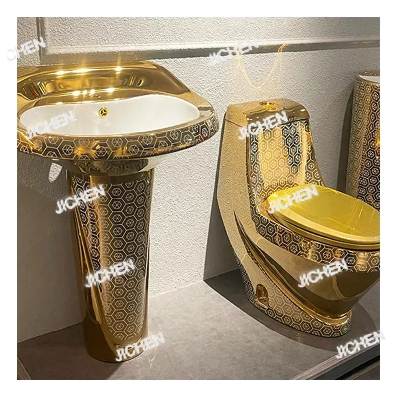 

JC Royal Luxury Electroplated Golden Color Round Sanitary Ware Toilet Bowl Hotel Water Closet One Piece Gold Plated Ceramic Toil