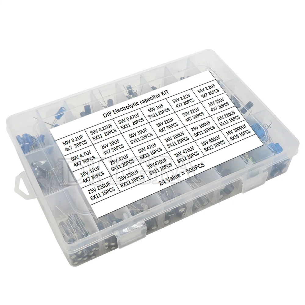 500PCS/LOT 24Values Aluminum Electrolytic Capacitors 0.1UF-1000UF 16-50V Mix Electrolytic Capacitor Assorted Kit And Storage Box