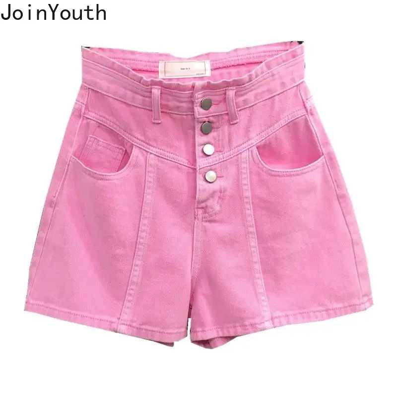 Shorts jeans de cintura alta feminino, calção jeans rosa, calças largas, roupas casuais de verão, roupas de rua, calças novas, moda, Y2K, 2024