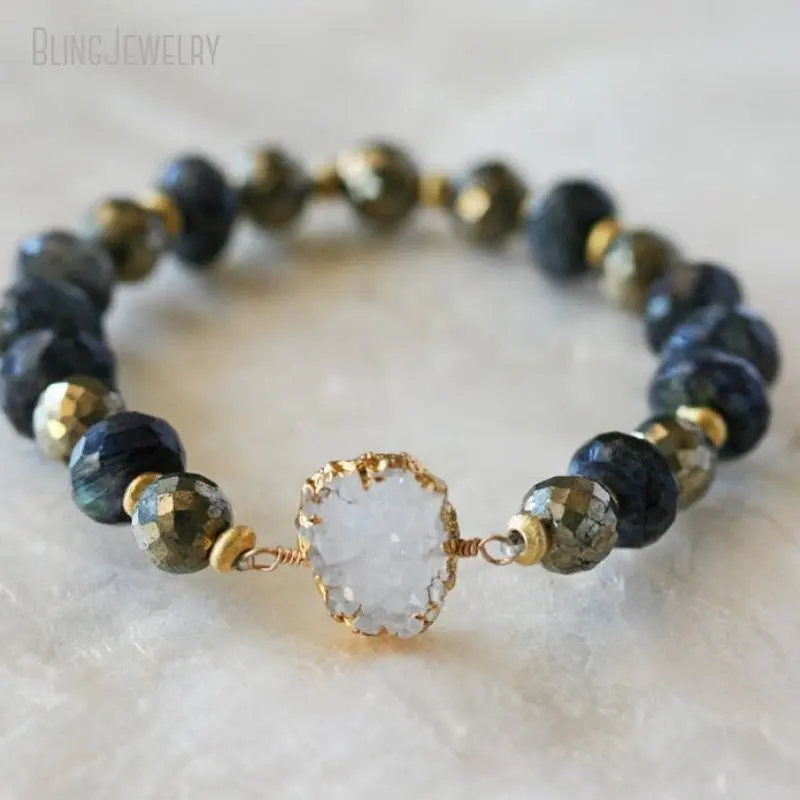 

Labradorite Pyrite Druzy Drusy Stretch Stacked Bracelet Flower Solar Quartz Stalactite Charm Natural Stone Jewelry Women Boho