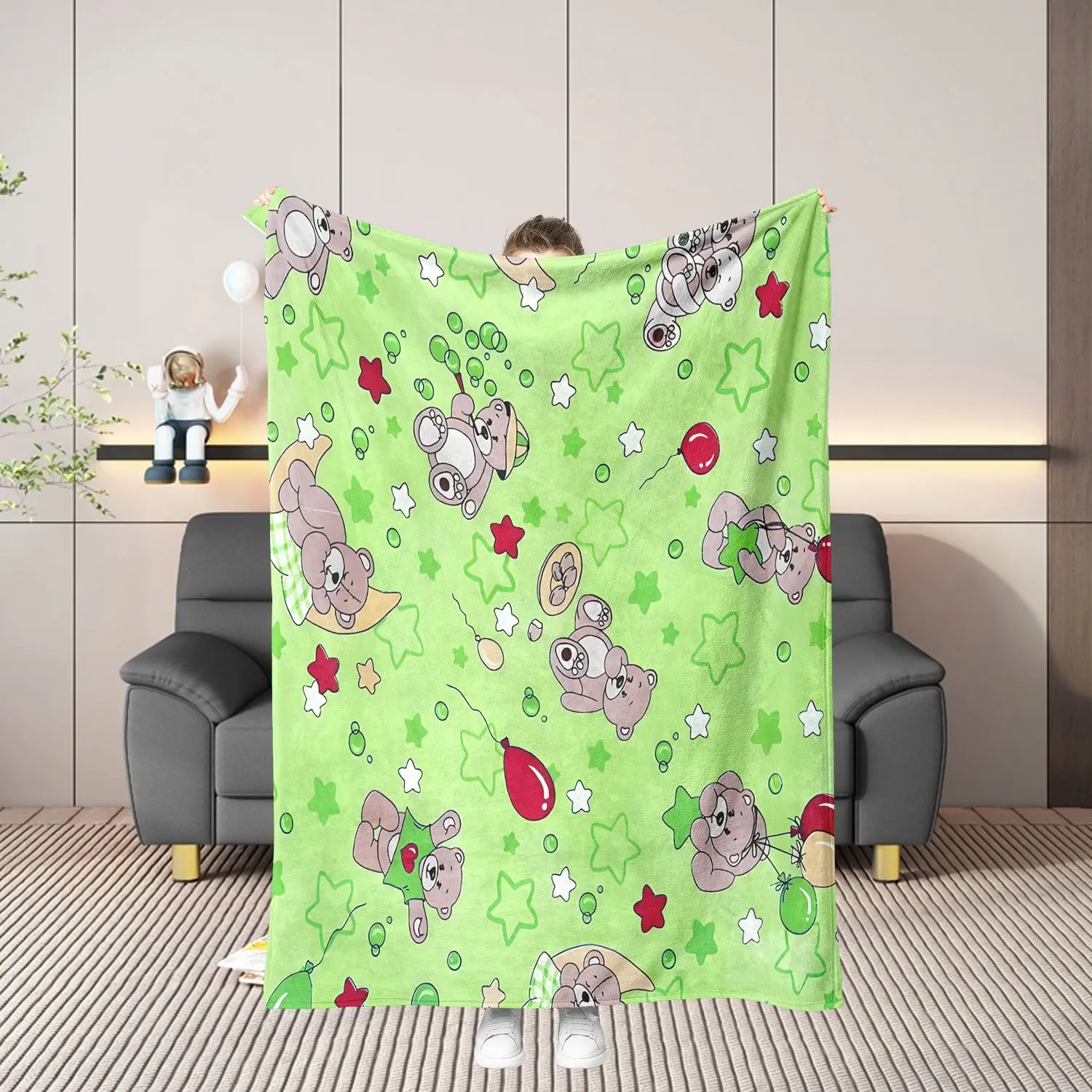 Cartoon Teddy Bear Star Balloon Flannel Blanket, Green Base Cute Bear Pattern Lightweight Throw Blanket for Bed Couch Home Use