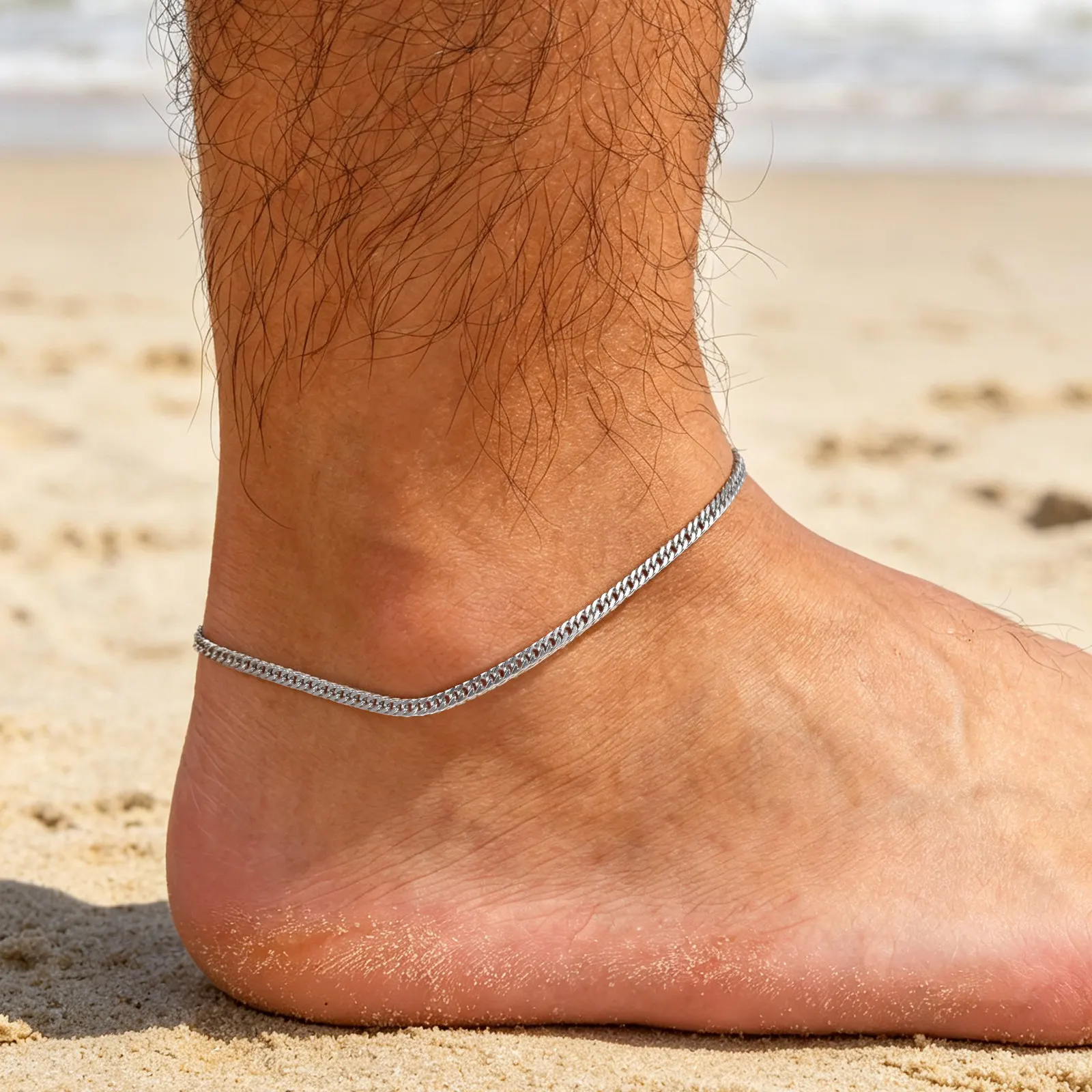 Hip-Hop Herren-Fußkettchen, Wasserfestes Silberfarbenes Edelstahl-Fußkettchen, Sommer-Strandschmuck für Ihn – Detail 4