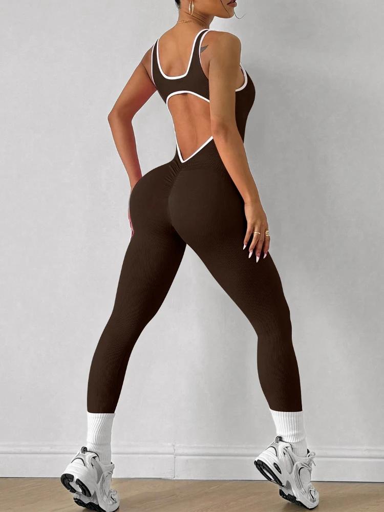 

Женские спортивные комбинезоны без рукавов, повседневные цельные комбинезоны в рубчик с открытой спиной, женские бесшовные плотные боди для спортзала и фитнеса