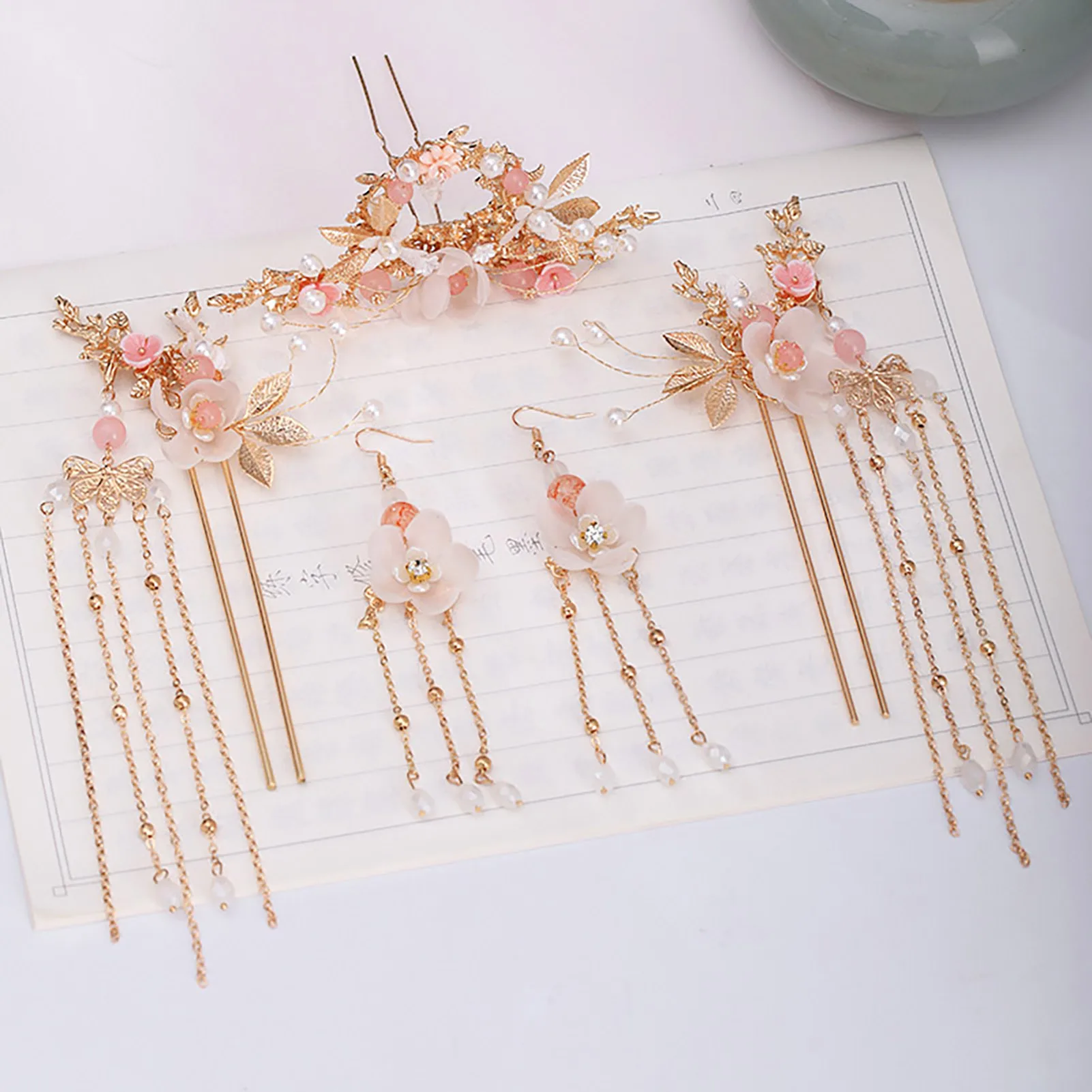Chinesische Hanfu Haar Stick Haarnadel Ohrringe Haar Zubehör Set Lange Fransen Vintage Haarnadel Blume Handgemachte Hochzeit Haar Schmuck – Detail 3