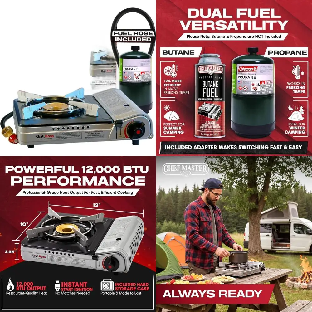 

Портативная двухтопливная походная плита - 12 000 BTU (бутан и пропан), идеально подходит для активного отдыха, кемпинга, барбекю, походов, пешего туризма.