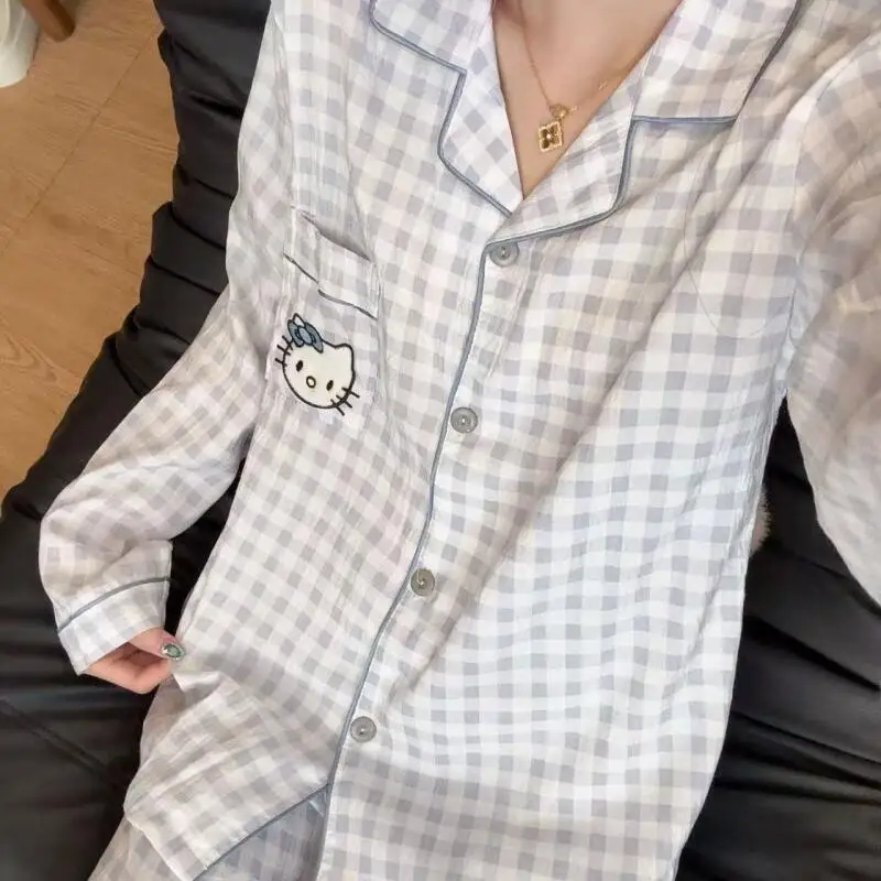 

Женская ночная рубашка Sanrio Hello Kitty, хлопковая пижама с рисунком в стиле кавайи, осенние брюки с длинными рукавами, студенческая одежда для сна, комплекты домашней одежды