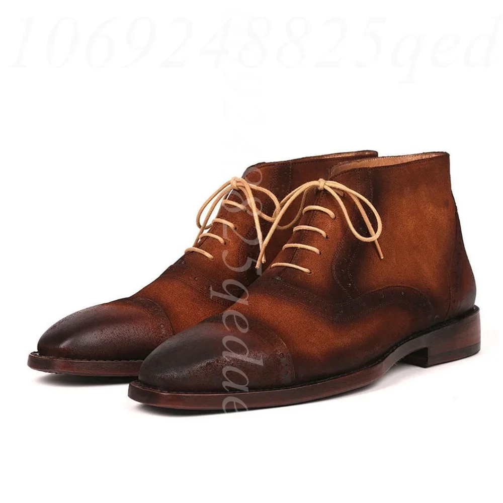Men's Vintage Distressed Gradient Brown Cap Toe Brogue Ankle Boots, Lace-Up Chukka Boots with Hand-Rubbed Burnished Finish Shoes