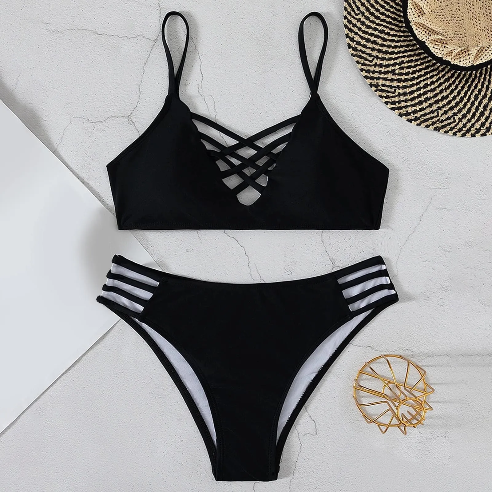 Sexy Split Bikini Set For Women Swimwear 2 Piece Set Swimsuit Hollow Out Low Rise Trunks Beach Tankini Set trajes de bano mujer